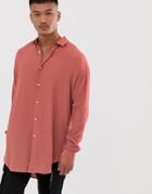 Asos Design Oversized Pink Crepe Shirt With Drop Shoulder In Longline - Pink