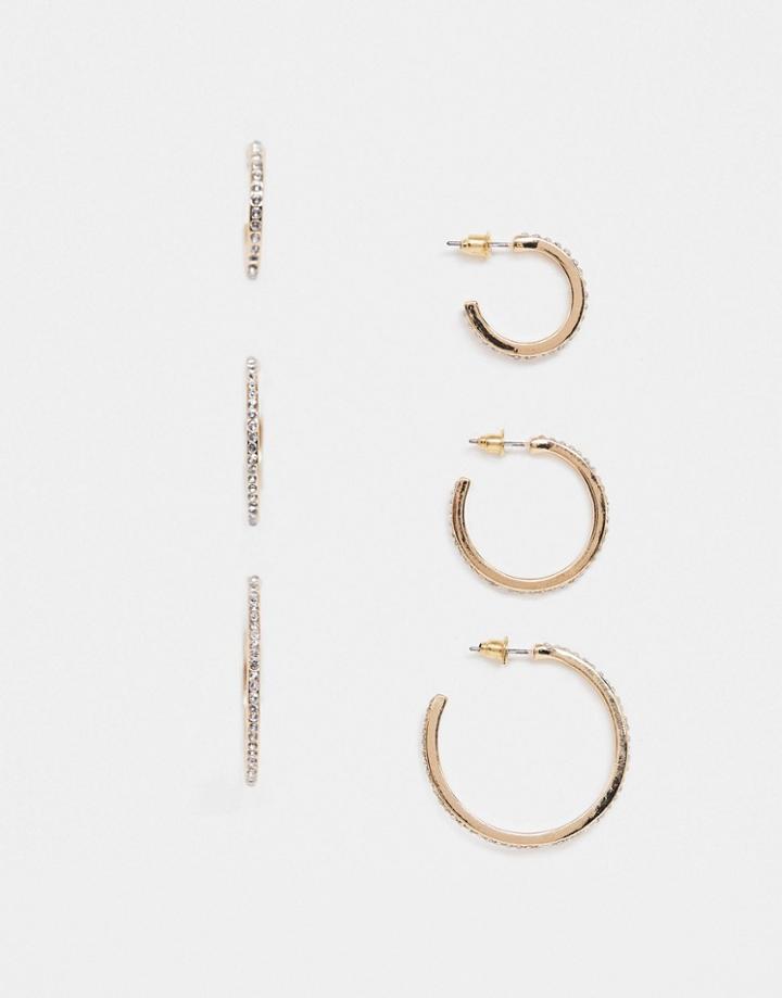Asos Design Pack Of 3 Fine Crystal Hoop Earrings In Gold Tone