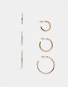Asos Design Pack Of 3 Fine Crystal Hoop Earrings In Gold Tone