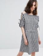Plain Studios Cold Shoulder Smock Dress In Gingham - Black