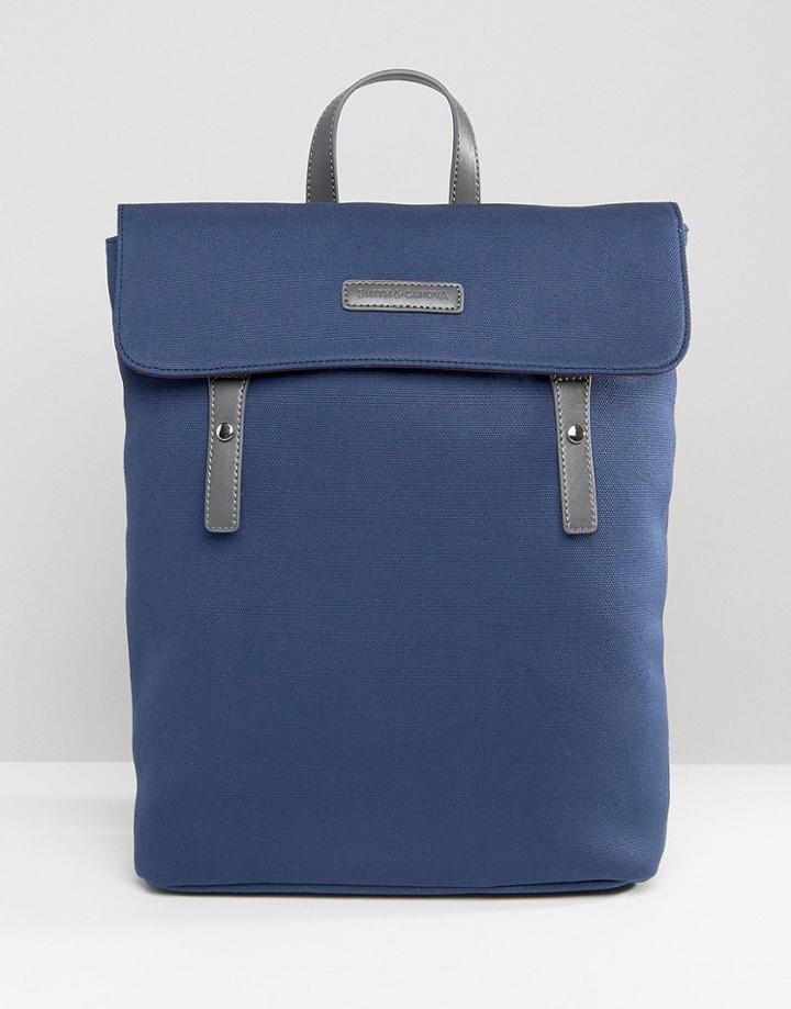 Smith And Canova Canvas Flap Over Backpack With Leather Trims - Navy