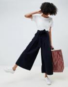 Asos Design Wide Leg In Navy Cord Jeans With Waist Tie-blue