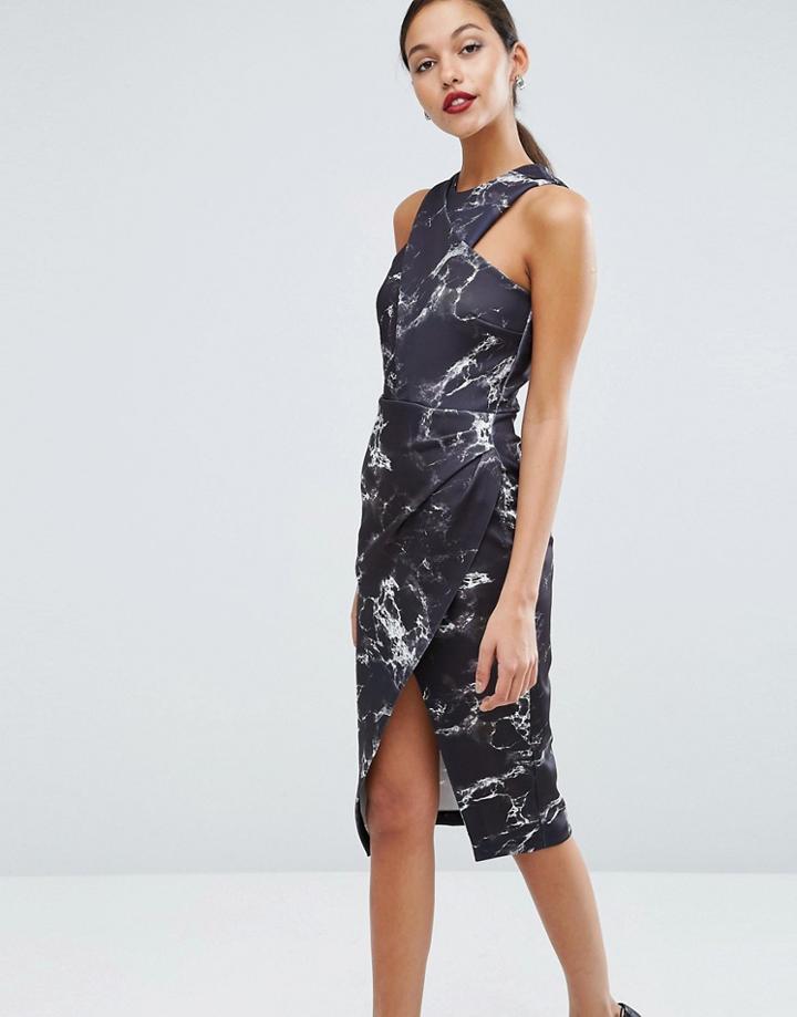 Asos Mono Marble Wrap Top Scuba Midi Dress - Black