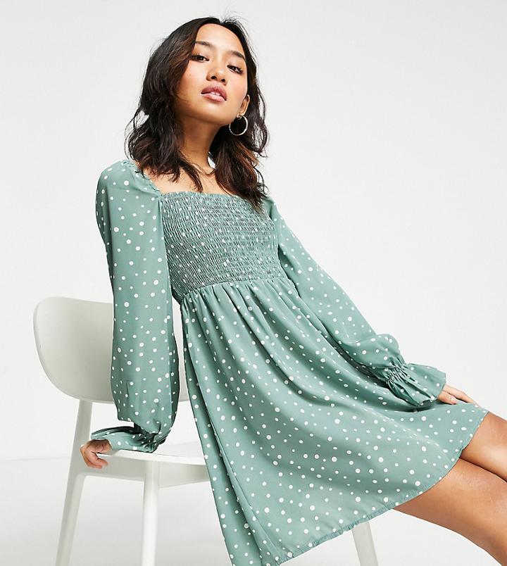 Missguided Petite Milkmaid Mini Dress With Shirred Bust In Sage Polka-green