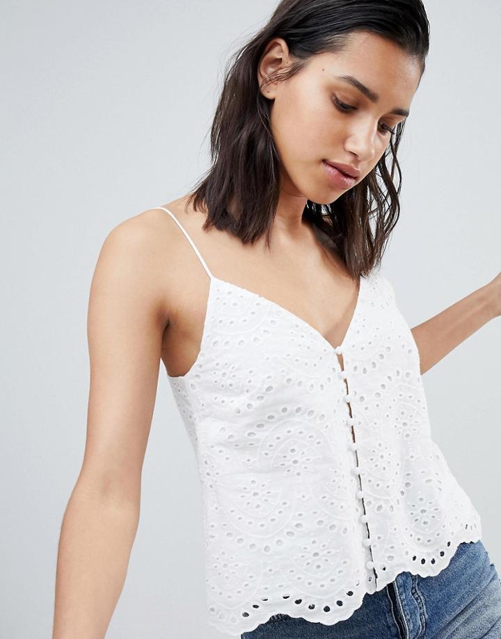 Stradivarius Broderie Cami Strap Top Plain - White
