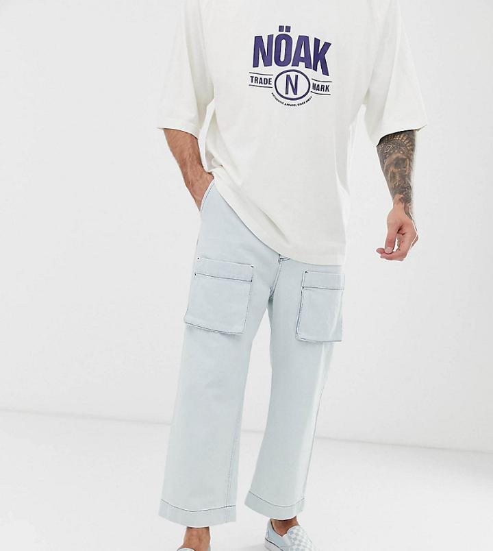 Noak Wide Leg Jeans With Cargo Pocket In Light Stone Wash - Blue