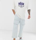 Noak Wide Leg Jeans With Cargo Pocket In Light Stone Wash - Blue