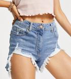 Parisian Petite Distressed Denim Shorts With Rips In Mid Blue