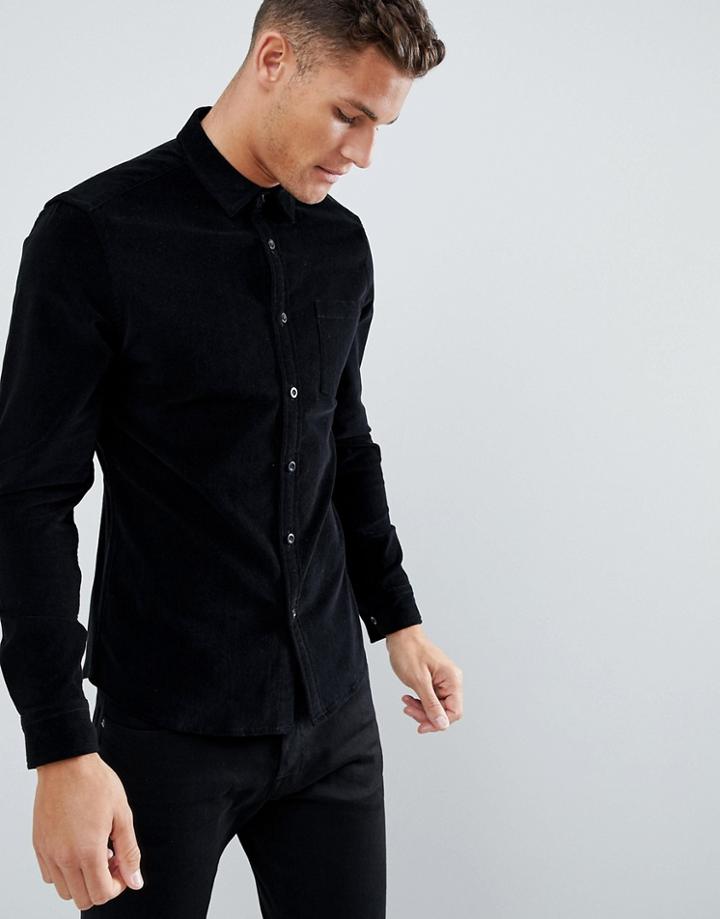Asos Design Stretch Slim Cord Shirt In Black - Black
