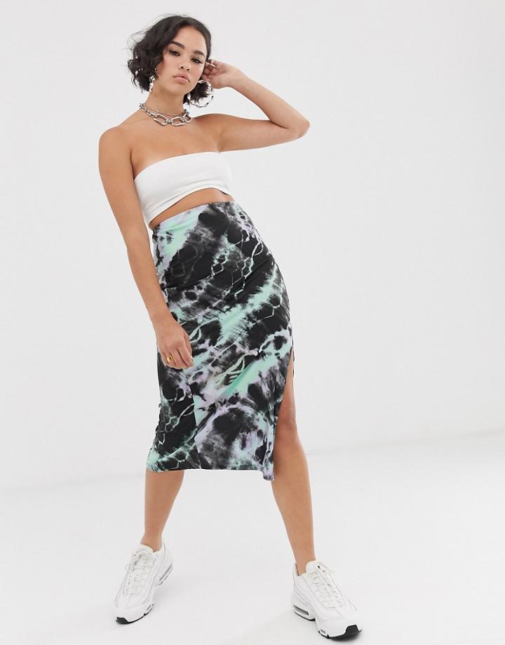 Asos Design Jersey Bias Cut Midi Skirt With Split In Tie Dye Print - Multi