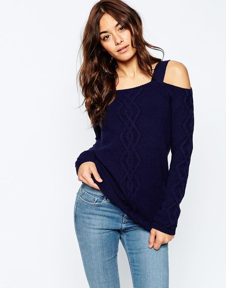 Asos Sweater In Cable Stitch With Cold Shoulder - Navy