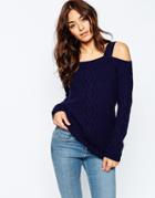 Asos Sweater In Cable Stitch With Cold Shoulder - Navy