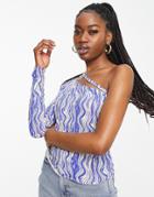 Monki One Shoulder Top In Swirl Print-blue