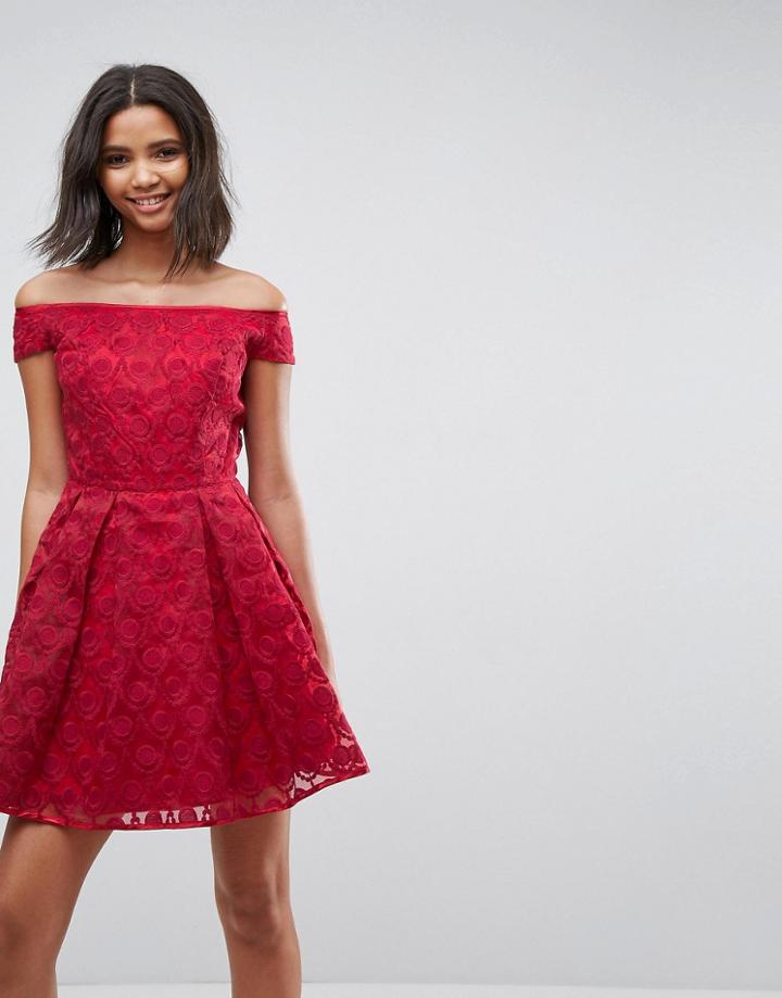 Hell Bunny Paris Lace Off Shoulder Skater Dress - Red
