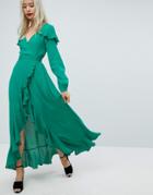 Asos Maxi Dress With Ruffle Detail And Open Back - Green