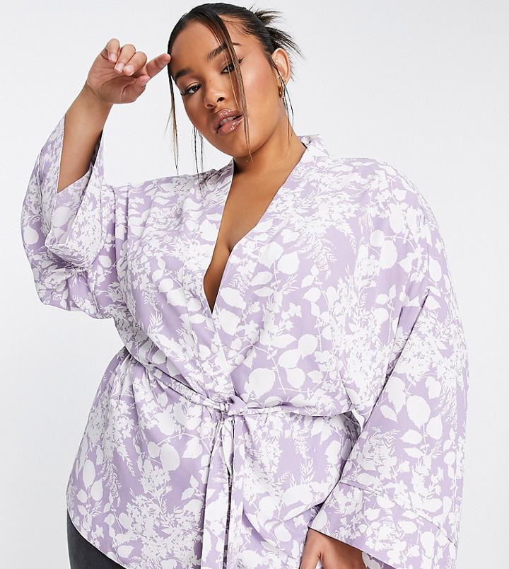 Asos Design Curve Kimono With Tie In White & Purple Floral Outline Print-multi