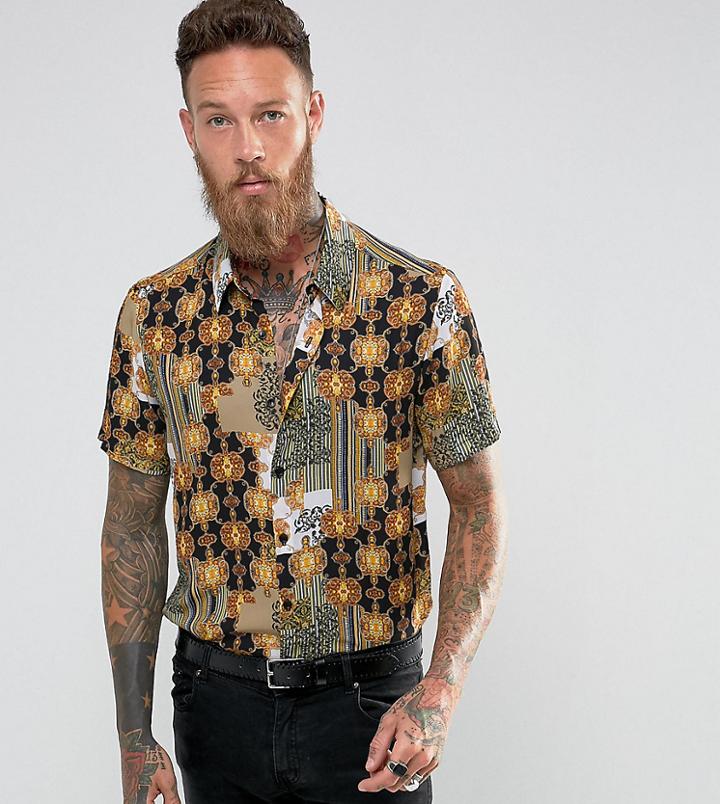 Reclaimed Vintage Inspired Shirt In Baroque Print With Short Sleeves In Reg Fit - Black