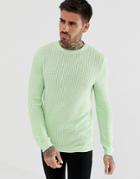 Asos Design Muscle Fit Lightweight Cable Sweater In Mint Green - Green