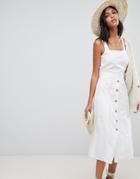 Warehouse Midi Dress With Button Front In White - White