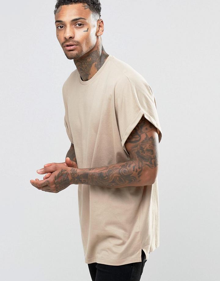 Asos Super Oversized T-shirt With Roll Sleeve In Beige - Blonde