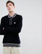 Pretty Green Long Sleeve Knitted Polo Shirt In Black - Black