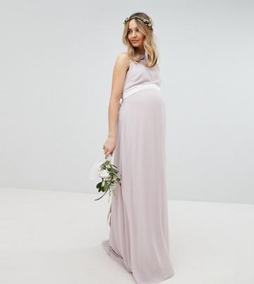 Tfnc Maternity Sateen Bow Back Maxi Bridesmaid Dress - Brown