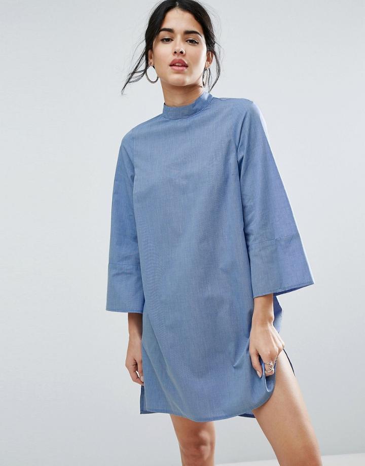 Asos High Neck Cotton Shift Dress - Blue