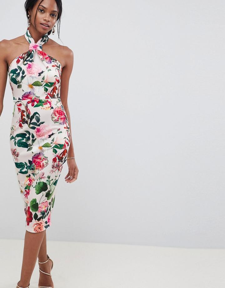 Asos Design Floral Halter Neck Midi Dress - Multi