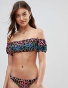 Asos Rainbow Leopard Print Puff Sleeve Bardot Bikini Top - Multi