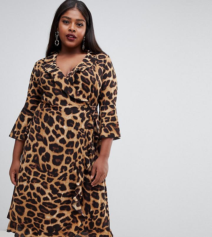 Outrageous Fortune Plus Ruffle Wrap Dress With Fluted Sleeve In Leopard - Multi