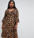 Outrageous Fortune Plus Ruffle Wrap Dress With Fluted Sleeve In Leopard - Multi