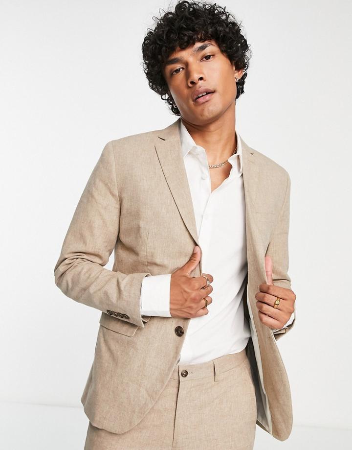 Jack & Jones Premium Slim Fit Suit Jacket In Beige Linen Mix-neutral