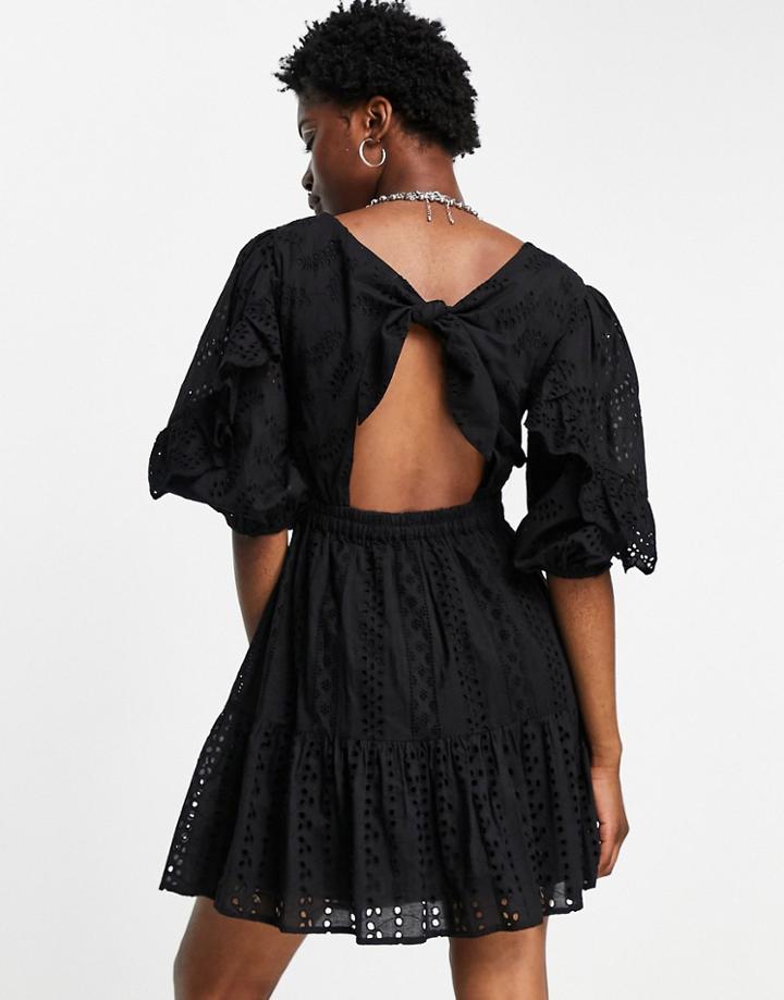 Topshop Broderie Tea Dress In Black