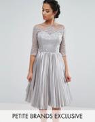 Chi Chi London Petite Allover Lace Top Prom Dress With Pleated Skirt - Gray