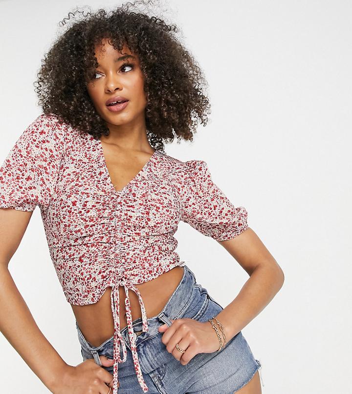 Missguided Ruched Crop Top With Puff Sleeves In Red Flirty Floral