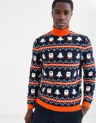 Asos Design Christmas Sweater With Roll Neck In Penguin Design-blue