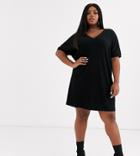 Asos Design Curve Short Sleeve Super Soft Rib V Front V Back Mini Dress-black