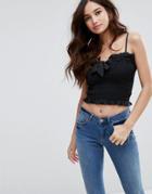 Fashion Union Shirred Cami Top With Bow - Black