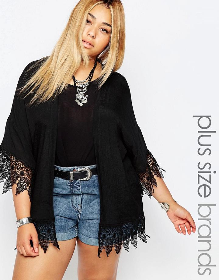 Junarose Lace Trim Kimono - Black