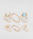 Asos Design Pack Of 6 Mixed Stone And Peace Sign Rings - Gold