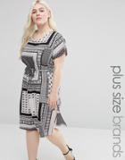 Koko Plus Shift Dress With Side Splits In Scarf Print - Black