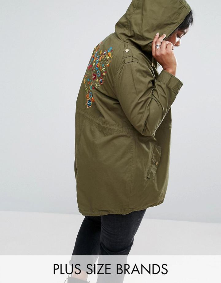Brave Soul Plus Festival Parka With Embroidered Back - Green