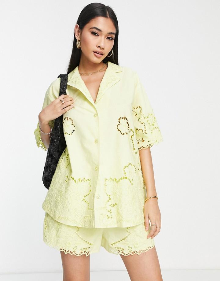 Asos Edition Embroidered Boxy Short Sleeve Shirt In Yellow
