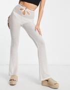Asos Design Crochet Sheer Flare Pants With Ring Detail In Cream-white