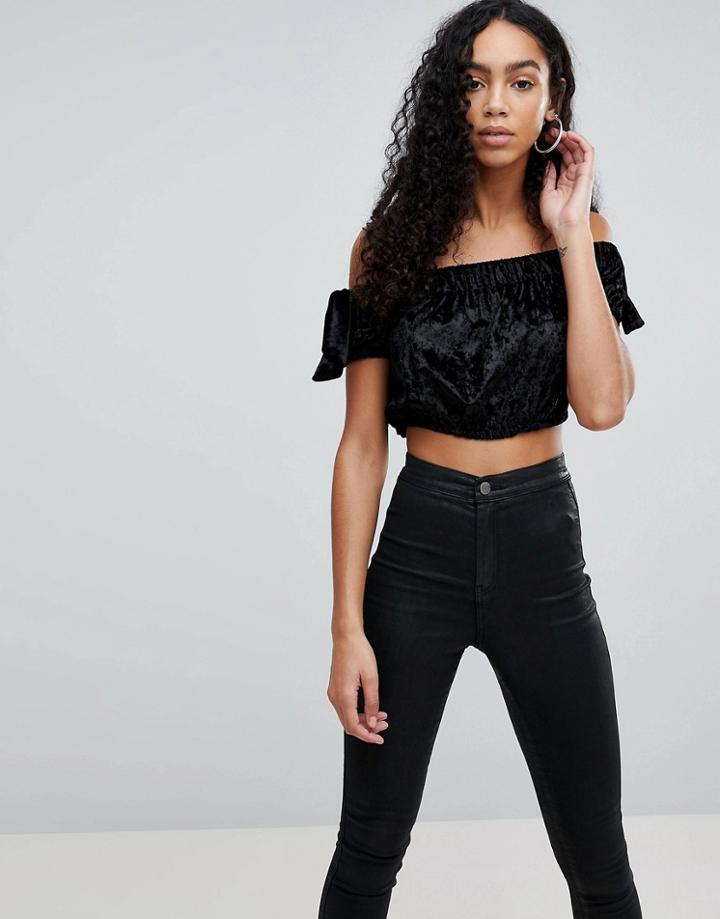 Love Crushed Velvet Bardot Crop Top - Black