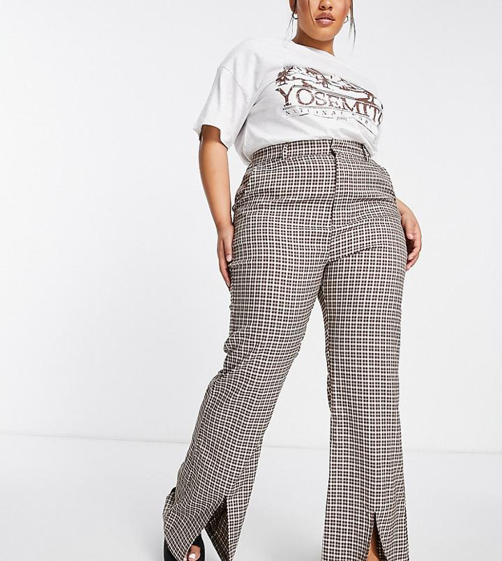 Daisy Street Plus Straight Leg Pants With Split Hem In Vintage Check-multi