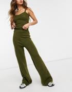 Asos Design Set Knit Wide Leg Pants In Khaki-green