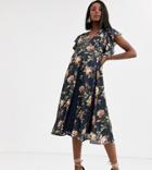 Asos Design Maternity Midi Dress With Lace Insert Godets In Navy Floral-multi
