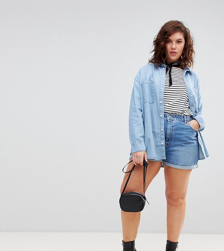 Asos Curve Denim Mom Short In Vintage Blue - Blue