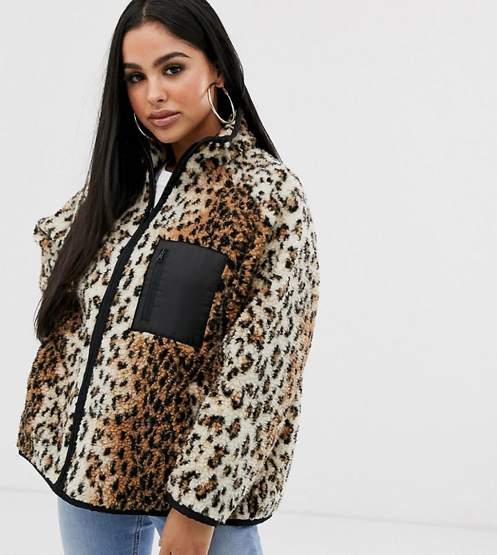 Asos Design Petite Leopard Fleece Jacket With Binding Detail - Multi